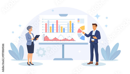 Two business people analyzing data on white dashboard with various charts and graphs for business intelligence and strategy. Business marketing and strategic planning. Financial data analysis