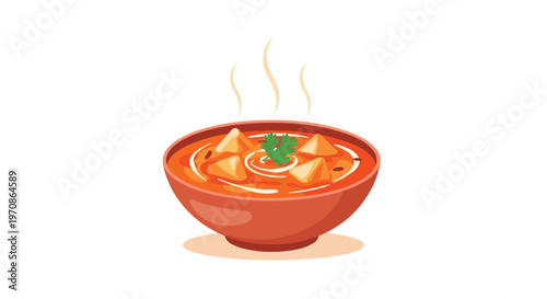 A steaming orange-red bowl of Indian curry with paneer cheese cubes and a cilantro garnish is presented on a white background.