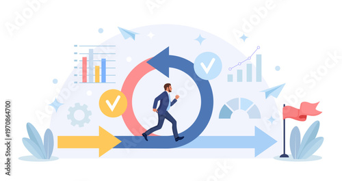 Agile methodology for effective project management. Transformation and optimization. Businessman running fast near circular arrow of agile method. Scrum method of productive strategy