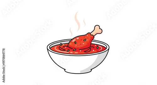 A steaming chicken drumstick is depicted in a bowl of red sauce, with small green specks, on a plain white background.