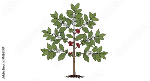 Illustration of a Coffee Tree with Ripe Red Berries and White Flowers