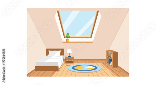 An attic bedroom is illustrated with a single bed, a nightstand, a lamp, a bookshelf, a circular rug, and a prominent skylight.