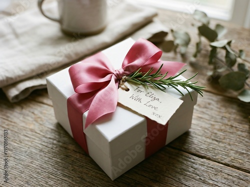 A beautifully wrapped gift box with a pink ribbon and a tag, placed on a wooden surface with a mug and some leaves in the background. It is a moment of sharing