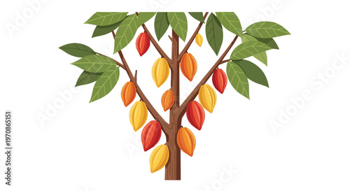 Vector Illustration of a Cacao Tree with Ripe Colorful Cocoa Pods