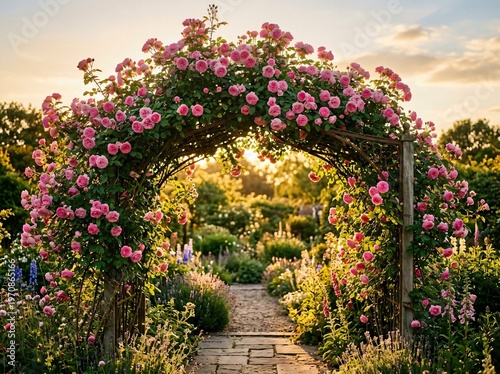 A picturesque rose arch leads to a serene garden path, bathed in the soft glow of the sun