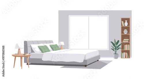 A modern bedroom with a grey bed, green pillows, two nightstands, lamps, a large window, and a bookshelf is depicted.