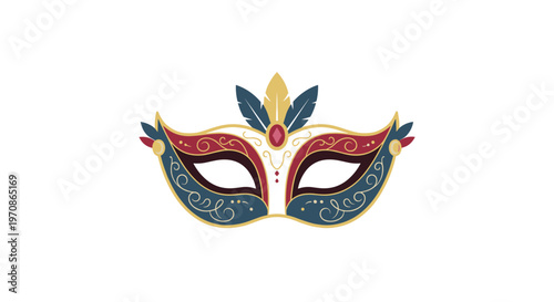 An ornate Venetian-style carnival mask with red, blue, and gold patterns, feathers, and a central jewel is illustrated on a white background.
