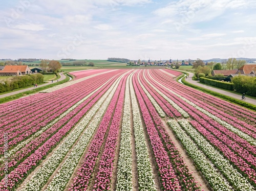 A vibrant field of tulips blossoming under a bright sky