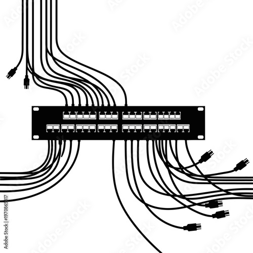 Cable management system with ethernet cables.