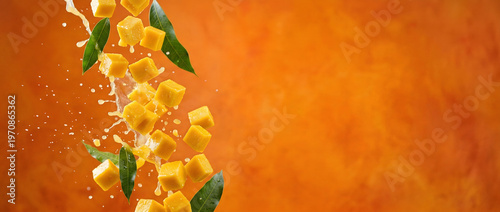 Falling sliced mango with juice splashes and droplets isolated against orange bakcground with copy space