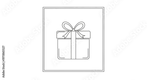 Simple line art gift box with ribbon and bow, isolated on white background, minimalist design.
