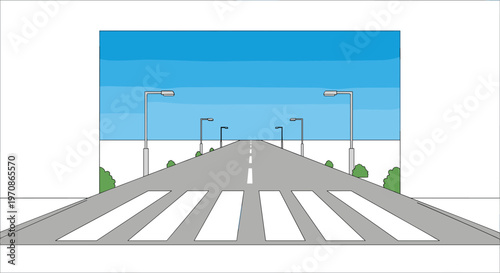 An empty straight road with a white crosswalk and streetlights leads towards a clear blue sky.