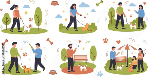 People walking dogs in park set with pet owners playing training and bonding outdoor activities vector illustration collection
