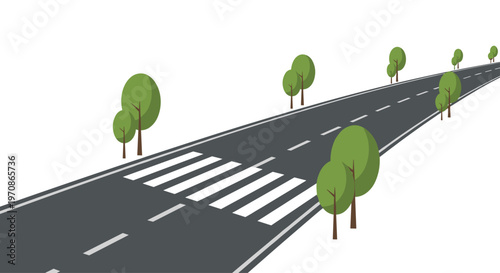 A long, empty road with a white crosswalk and green trees lining both sides is depicted from an elevated, angled perspective.