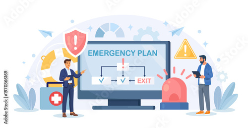 Business emergency plan, checklist to do when disaster happen. Business person studying procedure of evacuation, emergency map on computer screen. Vector flat design