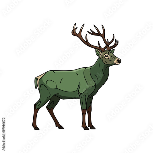 Green colored deer with large antlers.