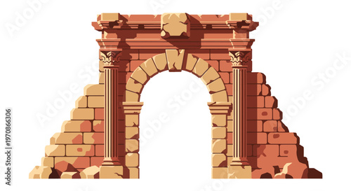 Ancient ruined archway with crumbling brick columns and stone wall on white background symbolizing history and decay
