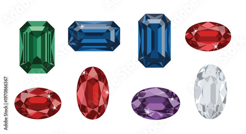 Eight polished gemstones of various cuts and colors, including green, blue, red, and white, are scattered across a white background.