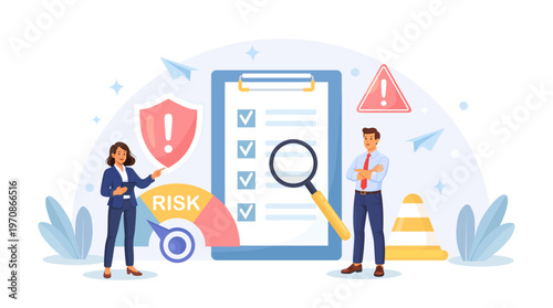 Risk management, assessment. Identifying hazards, financial safeguarding, strategic planning. Analyst with checklist, caution signs. Mitigation strategies, ensuring project security. Flat illustration