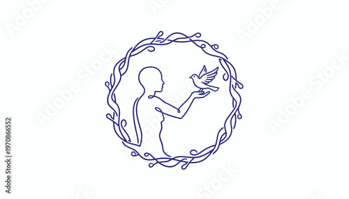 Line Art Silhouette of Person Releasing Dove of Peace within Floral Wreath