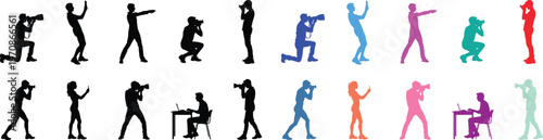 Set of human silhouette figures in various dancing jumping and active poses with solid fill shapes, minimal flat vector collection
