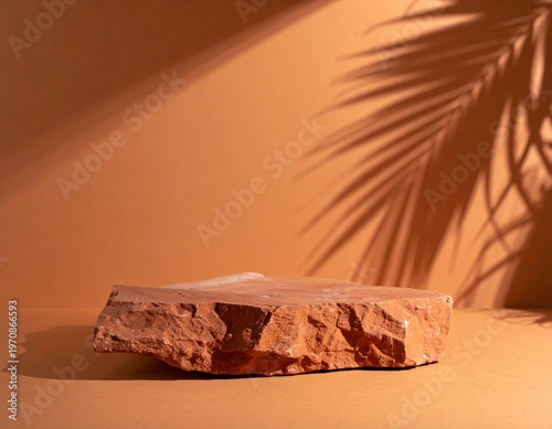 荒削りな質感のテラコッタの台座とパームリーフの影、トロピカルでモダンな展示背景のイメージ