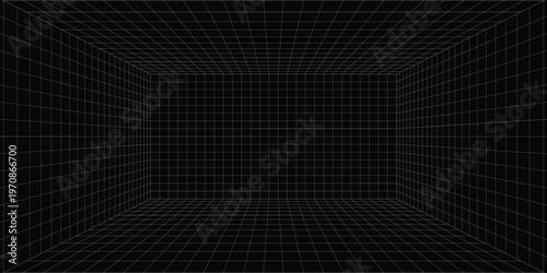 Futuristic perspective grid box. Abstract wireframe with white grid line on black background. Virtual reality landscape in 80s 90s digital style. Vector