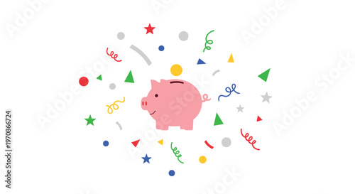 A pink piggy bank with a smiling face is centrally featured, surrounded by a festive burst of colorful confetti and streamers on a pure white background.