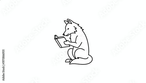 Clever Fox Reading Book, Sitting, Studying, Learning, Knowledge, Education, Animal Illustration