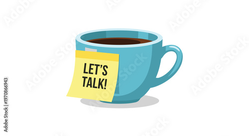 A light blue coffee mug with a yellow LET'S TALK! sticky note is placed on a white background.