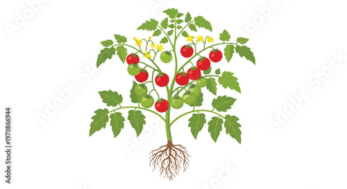 Illustration of a Tomato Plant with Red Fruits, Green Leaves, and Roots