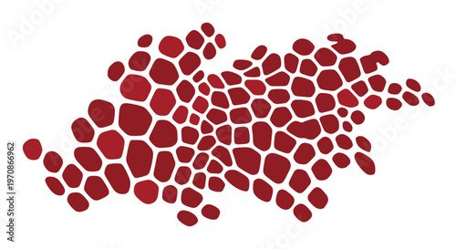 An abstract pattern of irregular dark red polygons is spread across a white background.