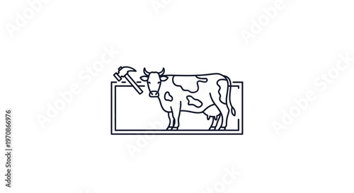 Cow Inside a Frame with Hammer Icon, Abstract Concept of Farming or Agriculture