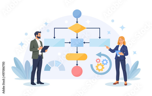 Business process, workflow diagram, flowchart to get result. Businessman drawing map for business procedure. Effective plan for organization business tasks. Work strategy framework. Flat illustration