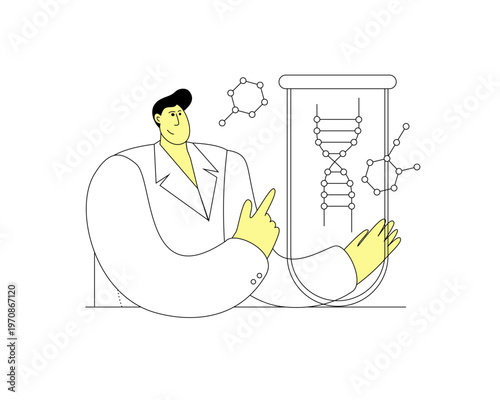 A scientist with a test tube works on DNA code. Vector icon on the topic of bioengineering and biohacking. Vector illustration