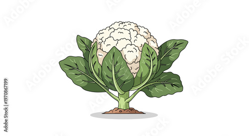Fresh Cauliflower Vegetable Growing in Soil Isolated on White Background