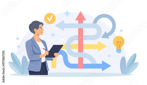 Business opportunities or paths to success. Finding the right direction. Strategic planning for business goal. Businessman are choosing a business way. Vector flat illustration