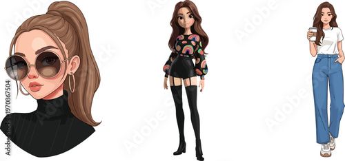 Stylish young woman fashion illustration set modern female characters portrait sunglasses trendy outfit casual coffee look isolated background design