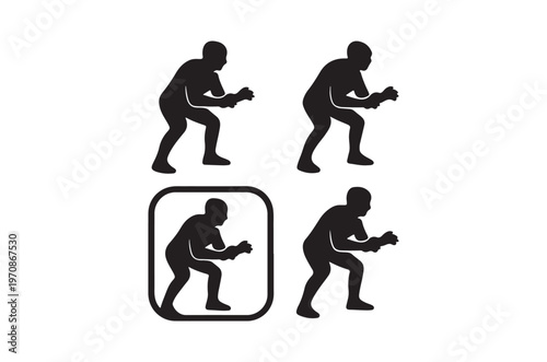 Four silhouettes of people squatting and holding a small object