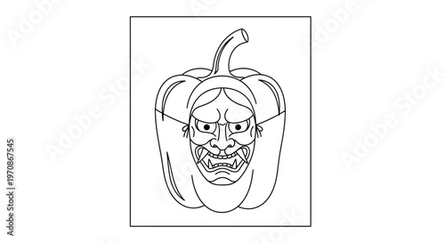 Halloween Pumpkin Masked Pepper with Scary Oni Face, Black and White Line Art