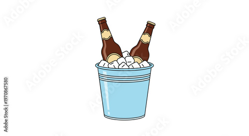 Two brown beer bottles with labels are upright in a light blue bucket filled with ice cubes on a white background.