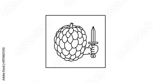 Hand holding a dagger attacking a large fruit, abstract concept, black and white line art