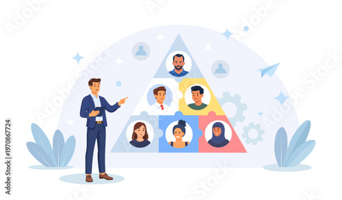 Teamwork concept. HR manager building team to create strategic advantage. Recruitment and job management. Recruiter organizes diverse team, putting puzzles from employee portraits into pyramid
