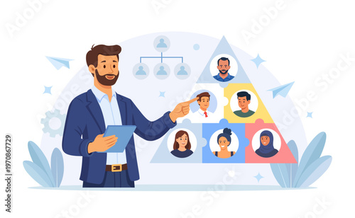 Teamwork concept. HR manager building team to create strategic advantage. Recruitment and job management. Recruiter organizes diverse team, putting puzzles from employee portraits into pyramid
