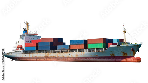 Εκτύπωση καμβά Weathered rusty cargo ship stacked with blue red, and green shipping containers