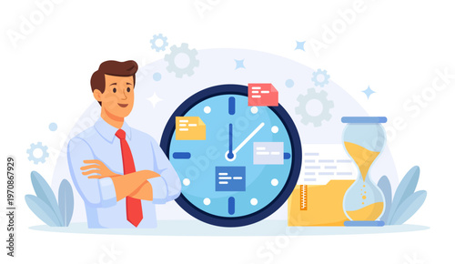 Strategic time management, smart workflow efficiency. Business person scheduling tasks. Multitasking employee. Managing your time and tasks for success. Vector flat illustration