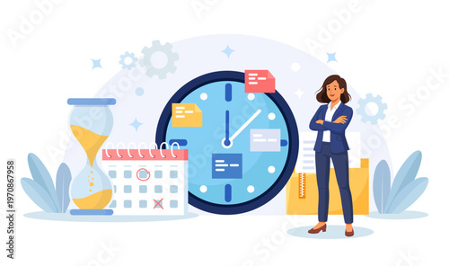 Strategic time management, smart workflow efficiency. Business person scheduling tasks. Multitasking employee. Managing your time and tasks for success. Vector flat illustration