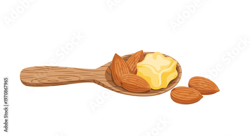 A wooden spoon holds almonds and a dollop of almond butter with extra nuts scattered on a white background.