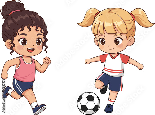 Cute kids playing soccer cartoon illustration happy children running kicking football sporty girls characters isolated background playful activity design
