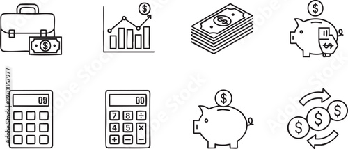 Financial and Money Management Line Icon Set with Business Savings Symbols